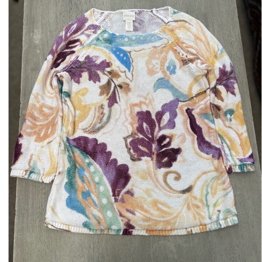 Chico's Floral Paisley Knit Sweater Petite 0P Multi-Color 3/4 Sleeve Crew Neck